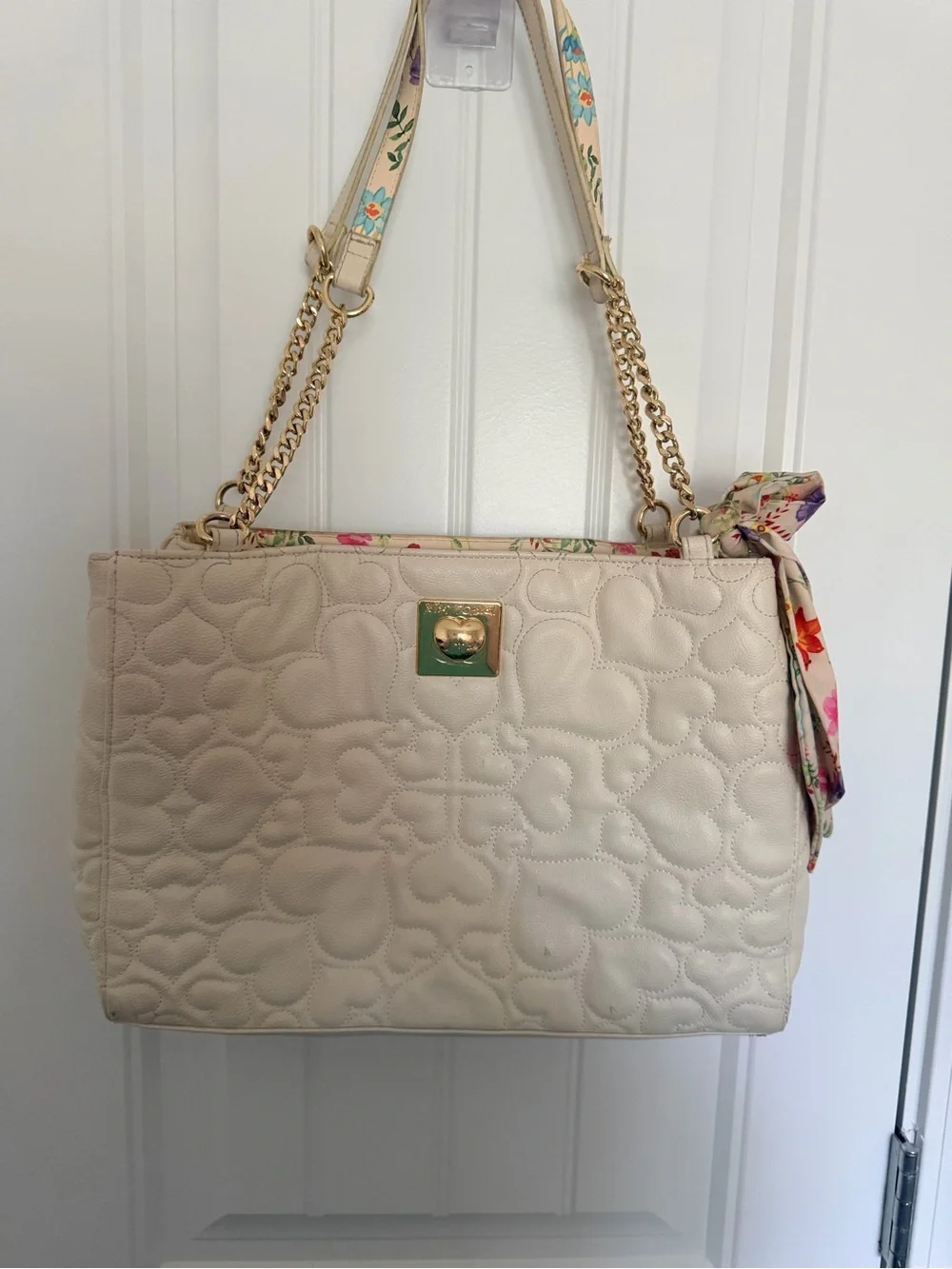 Betsey Johnson Cream Quilted Shoulder Bag with Gold Hardware